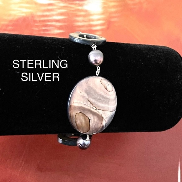 PEACOCK BRACELET PEARL ABALONE SHELL MULTI GEMSTONE 925 STERLING SILVER - Picture 1 of 9
